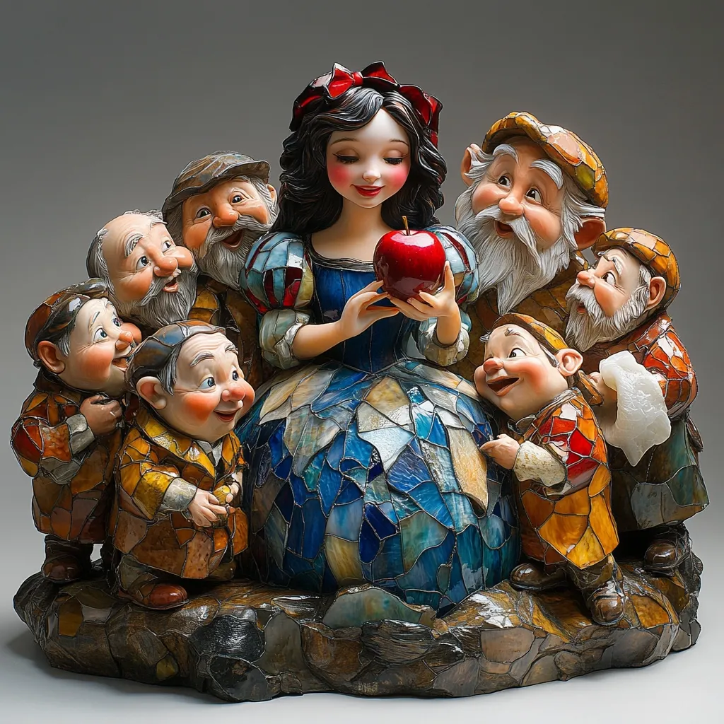 This exquisite sculpture depicts Snow White and the Seven Dwarfs in a stunning mosaic style.  Snow White, elegantly dressed in a blue and white gown, holds a red apple.  The dwarfs, each with unique features and expressions, surround her, their clothing and the rocky base showcasing a vibrant array of multicolored glass pieces. The overall effect is one of whimsical charm and detailed artistry.  The piece is a three-dimensional representation of the classic fairy tale.