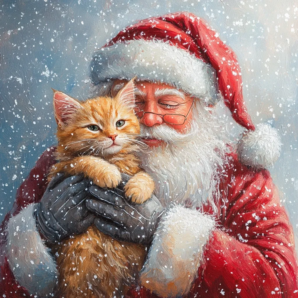 A heartwarming painting depicts Santa Claus gently cradling an adorable ginger kitten.  Snow softly falls around them, creating a magical Christmas scene. Santa's kind eyes are closed as he holds the kitten close, his white beard dusted with snowflakes. The kitten's fur is detailed, and its expression is peaceful. The overall style is reminiscent of classic Christmas artwork, warm and sentimental.