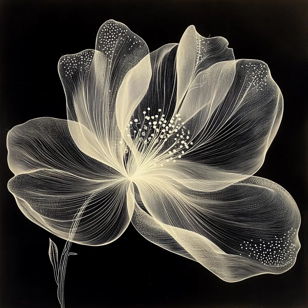 The image showcases a stylized floral artwork. A single, large blossom dominates the composition, rendered in delicate, off-white lines against a stark black background.  The lines create a translucent effect, suggesting the delicate structure of petals and stamens.  Small dots are scattered throughout, adding texture and depth. The overall style is elegant and minimalist, evoking a sense of ethereal beauty.