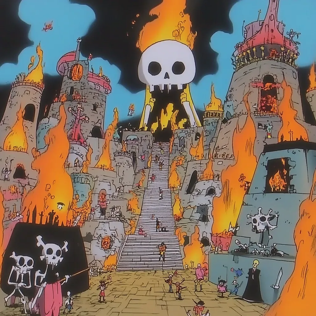 A stylized illustration depicts a burning city, possibly a pirate stronghold, dominated by a massive skull engulfed in flames.  Stone buildings and structures are ablaze, with numerous small figures scattered throughout the scene, suggesting chaos and destruction.  A grand staircase leads towards the central skull, adding to the ominous and dramatic atmosphere. The overall style is cartoonish yet dark and intense.
