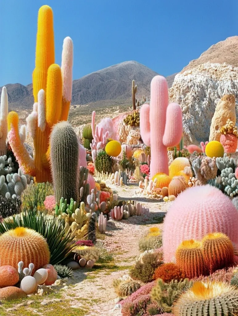 A vibrant, surreal desert landscape unfolds, featuring an array of cacti in unusually bright colors.  Tall, slender cacti in shades of yellow and pink dominate the scene, surrounded by a profusion of smaller cacti and succulents in various hues of orange, pink, and green.  A sandy path meanders through the densely packed plants, leading towards a mountainous backdrop under a clear blue sky. The overall effect is one of artificial vibrancy and unnatural beauty.
