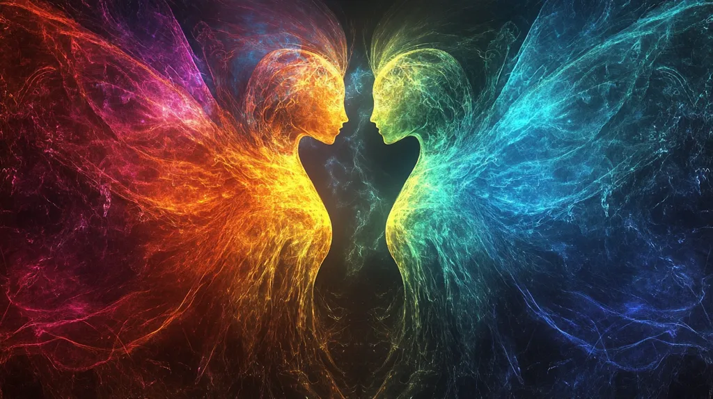 The image showcases two ethereal figures, mirroring each other, their forms composed of vibrant, swirling energy. One figure radiates warm, fiery hues of orange and red, while the other glows with cool, electric shades of blue and green.  They are depicted in profile, faces turned towards each other, creating a sense of connection and balance between opposing forces.  The figures are enveloped in luminous wings, adding to their otherworldly and enchanting aura.  The overall effect is a striking visual representation of duality and harmony.