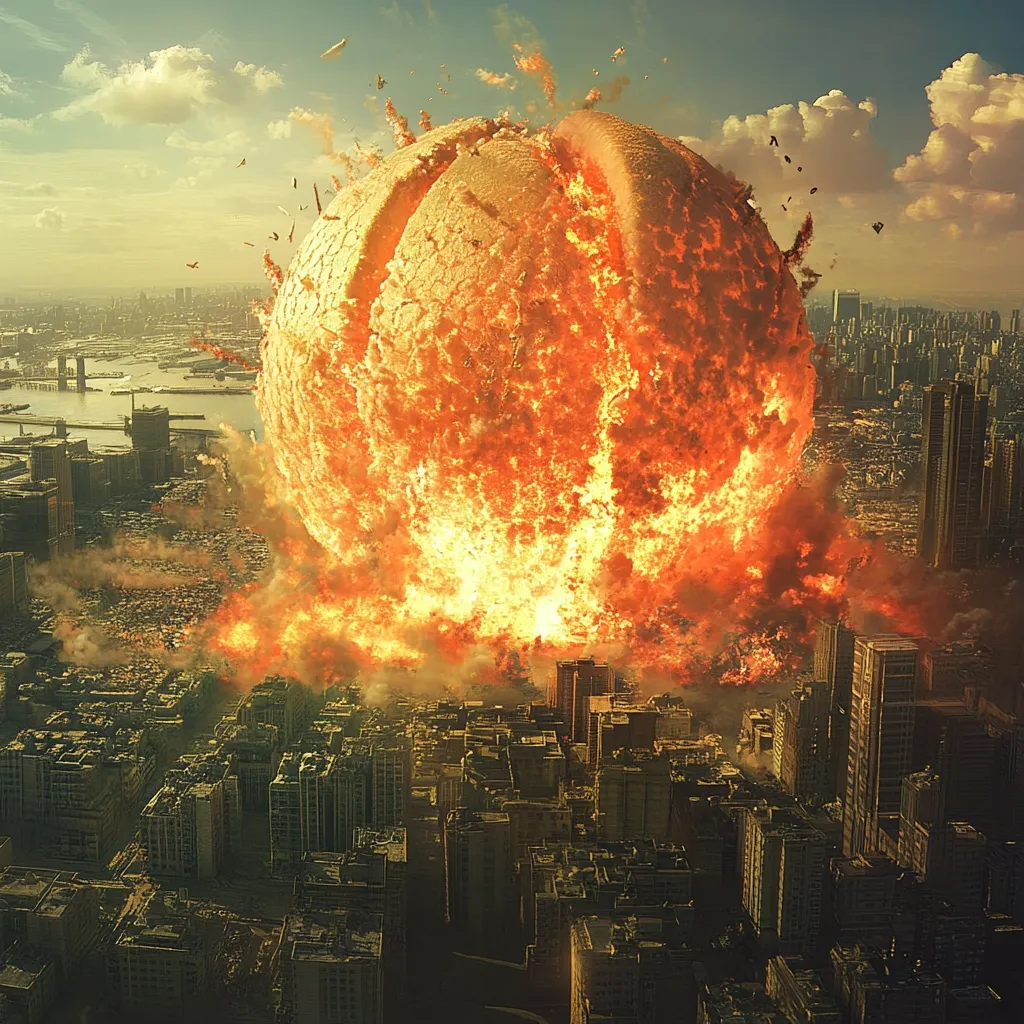 A massive, fiery sphere explodes over a sprawling cityscape, engulfing buildings in flames and wreaking havoc.  Debris rains down from the colossal explosion, a cataclysmic event that leaves a trail of destruction in its wake. The city, once bustling with life, is now a scene of fiery chaos, depicting a catastrophic impact of seemingly apocalyptic proportions.  The sky is filled with smoke and the remnants of the exploding sphere.