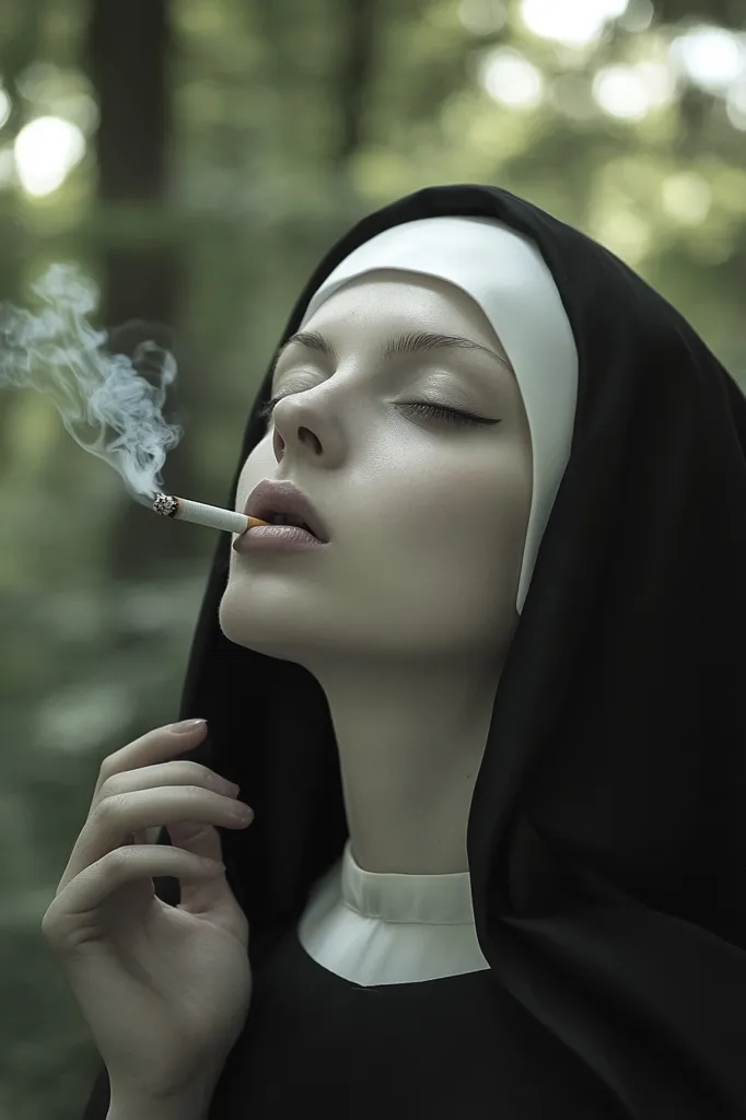 Here's a description of the image:

The photograph presents a close-up of a young woman dressed as a nun, her eyes closed in apparent serenity.  She's wearing a black habit with a white wimple, and a cigarette is delicately held between her lips, emitting a wisp of smoke.  The background is blurred but shows a verdant forest setting. The overall mood is one of intriguing juxtaposition – the piety suggested by her attire contrasted with the act of smoking. The image’s muted, desaturated color palette adds to its contemplative and somewhat melancholic atmosphere.