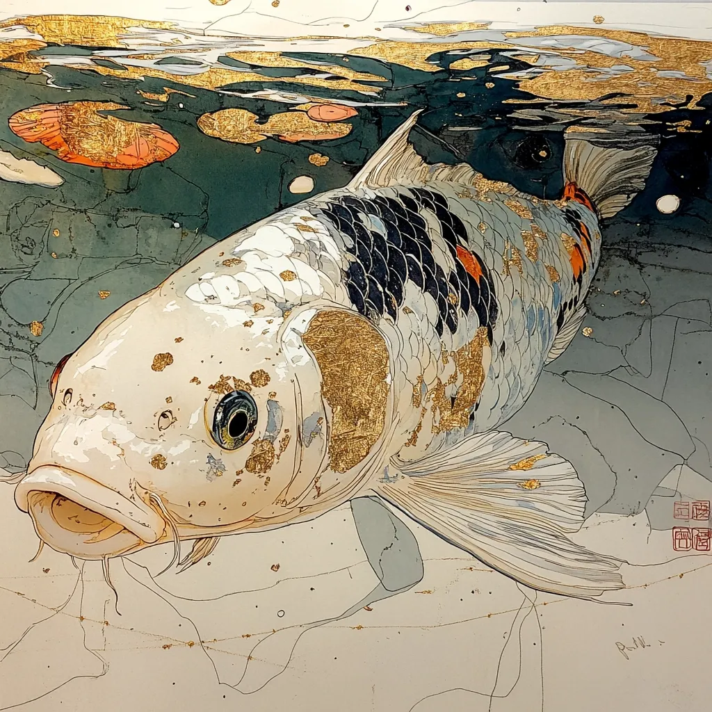 A detailed close-up of a koi fish, predominantly white with black and orange markings, dominates the artwork.  Gold leaf accents highlight its scales and features, adding a luxurious touch. The fish is depicted swimming just below the surface of the water, with subtle hints of lily pads and aquatic plants visible. The background employs a muted palette of greens and grays, creating a serene underwater setting. The artist's signature is subtly placed in the lower right corner. The overall style blends realism with a touch of artistic license, giving the piece a unique and elegant aesthetic.