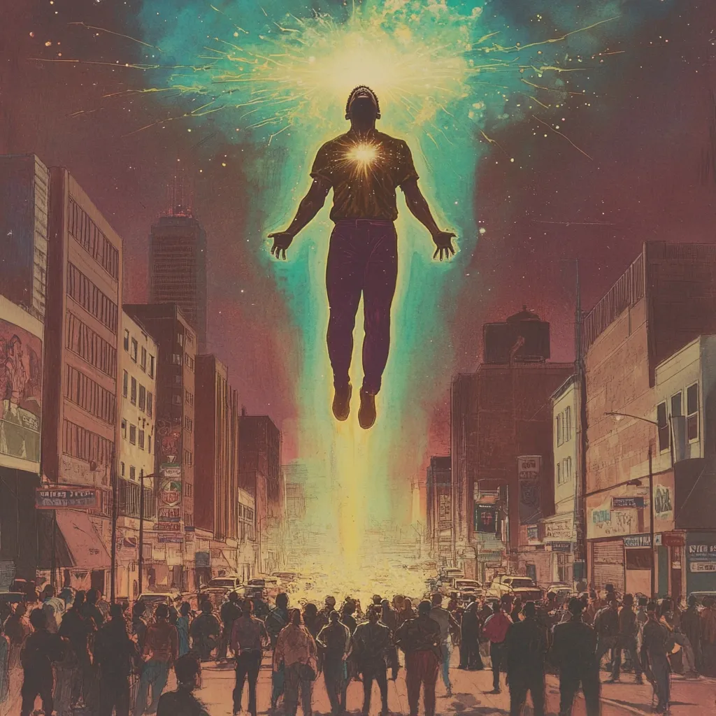 Here's a description of the image:

The artwork depicts a man levitating above a city street, bathed in vibrant, ethereal light emanating from his chest.  His body is outlined in a teal glow against a dusky, star-filled night sky. Below, a crowd of people look up at him, their faces indistinct.  The city buildings are tall and appear somewhat worn, suggesting an urban setting. The overall mood is one of spiritual ascension and awe, with the man seemingly transcending the earthly realm.  The color palette is a blend of muted earth tones and bright, otherworldly hues, emphasizing the contrast between the mundane and the divine.
