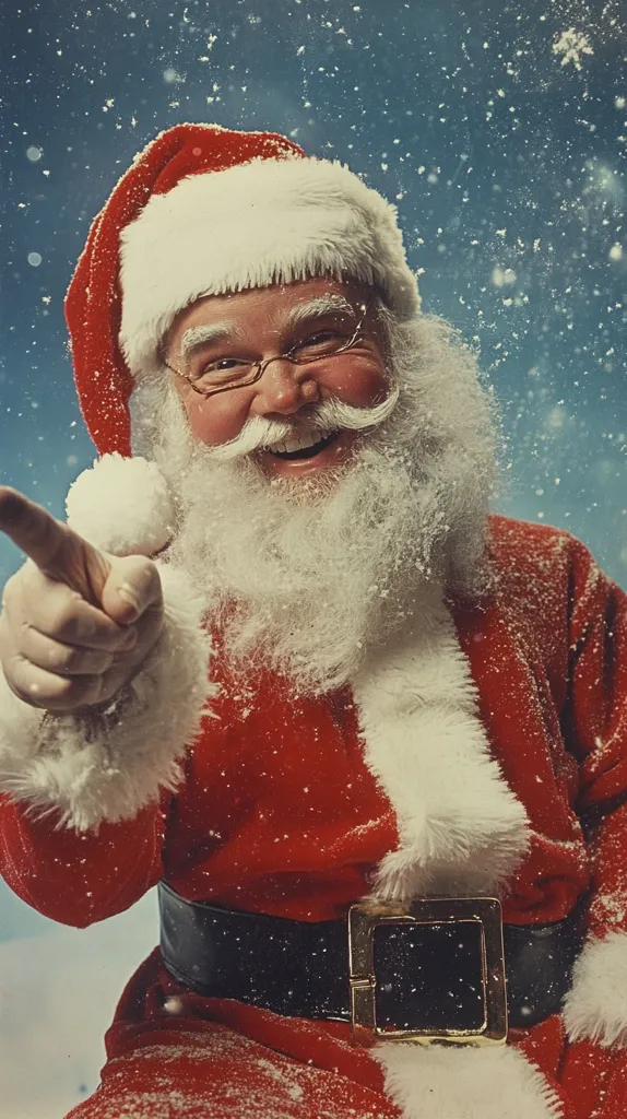 A jovial Santa Claus, his red suit dusted with snow, smiles broadly.  He points a finger, invitingly.  His long white beard is thick and fluffy, contrasting with his bright red suit and black belt.  A festive, snowy backdrop enhances the Christmas spirit.  The image is warm, inviting, and evokes the magic of Christmas.