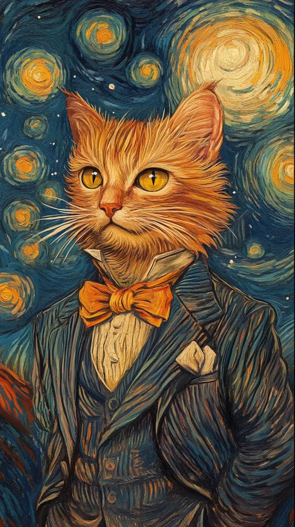 Here's a description of the image:

The artwork depicts a ginger cat, elegantly dressed in a dark blue pinstripe suit and a vibrant orange bow tie.  The cat's expression is serious and dignified. The style mimics Van Gogh's "Starry Night," with swirling, impasto brushstrokes in blues, yellows, and oranges forming a night sky backdrop. The cat is the central focus, sharply rendered against the expressive background, creating a striking contrast between the feline subject and the artistic interpretation of the cosmos. The overall effect is both whimsical and sophisticated.