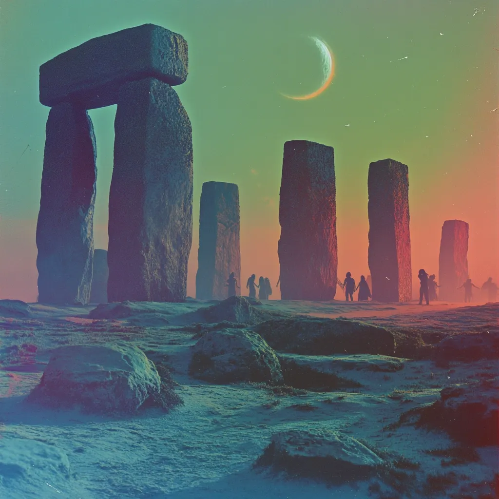 A surreal, dreamlike scene depicts a group of figures silhouetted against a vibrant sunset, walking towards a ring of imposing stone monoliths.  The sky is a blend of teal and orange, with a crescent moon hanging in the twilight.  The ground is lightly snow-covered, adding a mystical, cold atmosphere. The overall impression is one of ancient ritual or a pilgrimage under a celestial event. The color palette is muted yet striking, enhancing the image's otherworldly feel.