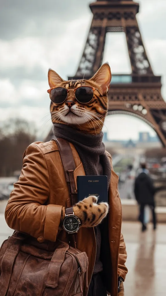 A stylish Bengal cat, wearing sunglasses and a brown leather jacket, stands before the Eiffel Tower.  The cat carries a brown leather satchel and holds a passport.  The scene is set in Paris, with a blurred background showing other pedestrians. The cat's sophisticated attire and the iconic Parisian backdrop create a humorous and whimsical image.  The cat's paws are visible through the sleeves of the jacket.