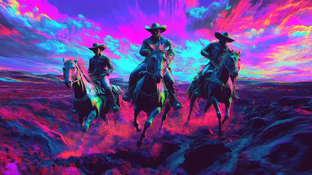 Three cowboys, each wearing a wide-brimmed hat and dark clothing, ride their dark horses across a vibrant, surreal landscape. The sky is a kaleidoscope of pinks, purples, and blues, creating a psychedelic effect. The ground appears textured and undulating, mirroring the dynamic colors above. The overall style is digital art, with a strong emphasis on bold color and dramatic lighting, evoking a sense of movement and fantasy within a Western theme.