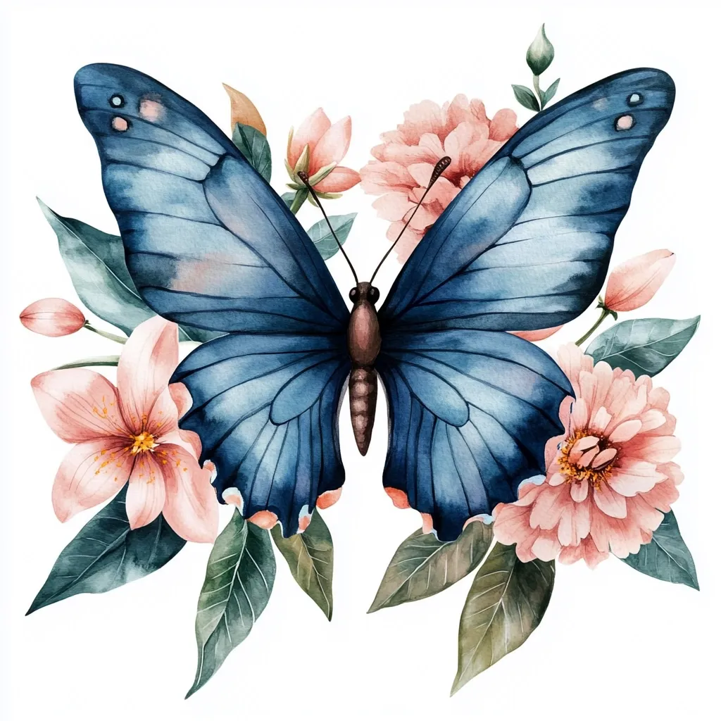 A watercolor painting depicts a large, dark blue morpho butterfly centered against a backdrop of blush pink flowers and deep green leaves.  The butterfly's wings are intricately detailed, and its body is a rich brown. The flowers, a mix of blossoms and fully opened blooms, surround the butterfly, creating a lush, floral arrangement. The overall style is delicate and romantic, with soft color transitions and a focus on botanical detail.  The white background isolates the composition.