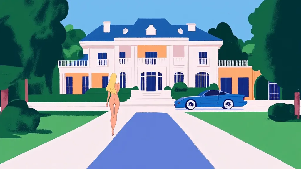 The illustration depicts a blonde, nude woman walking towards a large, elegant mansion. The house is painted in pastel colors with a blue roof and features a long driveway. A blue sports car is parked near the house.  Lush green landscaping and trees surround the property, creating a serene yet somewhat surreal atmosphere. The style is minimalist and graphic, with bold colors and simplified forms. The overall impression is one of wealth and perhaps a hint of mystery.