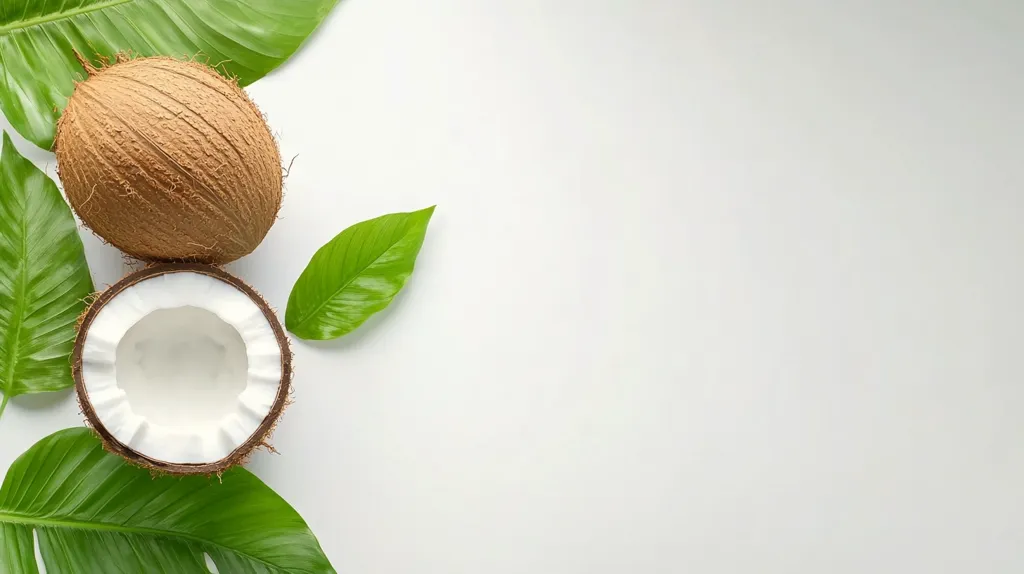 Here's a description of the image:

The image shows a whole coconut and a halved coconut nestled amongst vibrant green tropical leaves against a clean, white background. The coconuts are positioned towards the left, leaving ample white space on the right, creating a balanced yet spacious composition.  The leaves are lush and display a healthy green hue, complementing the brown husk and white flesh of the coconuts. The overall aesthetic is bright, clean, and suggestive of tropical themes.