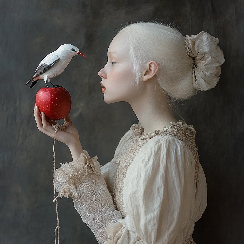 A young woman with striking albino features and a bouffant hairstyle, dressed in a rustic, cream-colored gown, holds a red apple.  A small white bird with a red beak perches atop the apple, seemingly connected by a thin string. The image is styled with a muted, dark background, creating a surreal, almost fairytale-like atmosphere. The overall effect is one of ethereal beauty and gentle mystery.