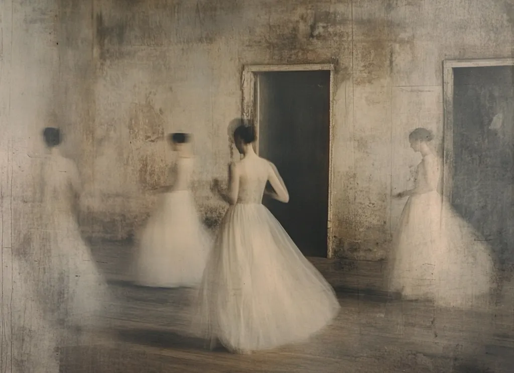 The photograph depicts four ballerinas in flowing, diaphanous white gowns in a dilapidated, seemingly abandoned room.  The central ballerina is in sharpest focus, while the others are blurred, giving a ghostly or ethereal quality. The setting is muted, with textured walls and darkened doorways, enhancing the dreamlike atmosphere. The overall mood is one of melancholic beauty and subtle movement.  The image evokes a sense of faded grandeur and forgotten grace.