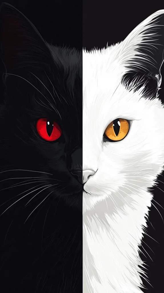 Here's a description of the image:

The image is a stylized, split-face portrait of a cat.  The left half depicts a black cat with striking red eyes, rendered in dark shades and sharp lines, giving it an intense, almost sinister appearance. The right half shows a white cat with bright golden eyes, portrayed with lighter tones and softer lines, conveying a gentler, more serene expression. The stark contrast between the two halves creates a visually arresting image highlighting the duality of nature. The artistic style is a blend of realism and illustration.