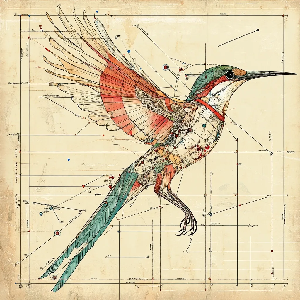 Here's a description of the image:

The image is a stylized illustration of a bird in flight, rendered in a blueprint-like style. The bird's anatomy is deconstructed and reconstructed with lines and geometric shapes, resembling a technical drawing or anatomical chart.  Colors are muted, primarily earth tones with accents of teal and orange-red, suggesting a vintage aesthetic.  A grid system overlays the bird, emphasizing the precise, almost mathematical construction of the artwork. The overall effect is a blend of artistic expression and technical precision, reminiscent of both biological illustration and engineering diagrams.