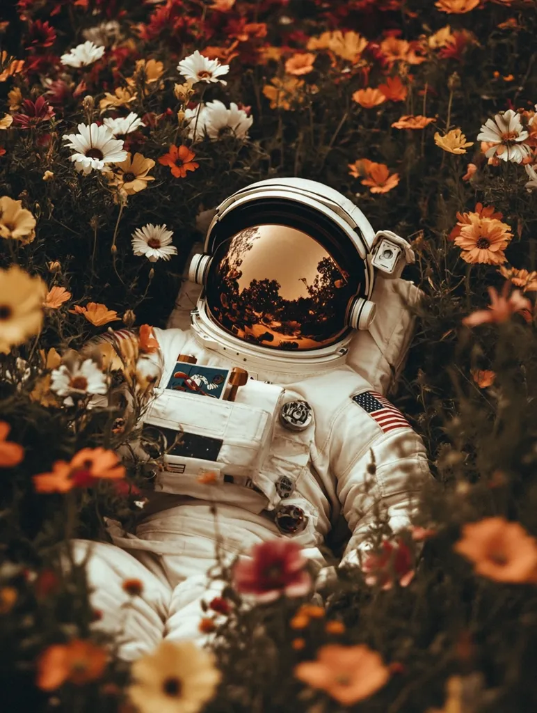 An astronaut's helmet and upper body, clad in a pristine white spacesuit adorned with an American flag patch, rest nestled amongst a vibrant field of wildflowers. The helmet's visor reflects a blurry landscape, contrasting the sharp focus on the surrounding blooms. The flowers display a warm autumnal palette of oranges, reds, and yellows, creating a surreal and peaceful juxtaposition between the cosmos and earthly beauty. The overall mood is serene and dreamlike.