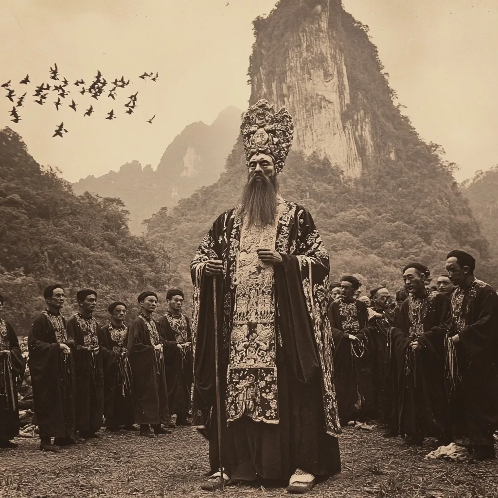Here is a description of the image:

A sepia-toned photograph depicts a majestic scene. A man, possibly a high-ranking official or religious figure, stands prominently in the center. He wears an elaborate, ornate robe and a tall, intricately designed headdress.  He holds a long staff. He is surrounded by a group of men in dark, simpler robes.  A flock of birds flies overhead. The backdrop is a dramatic, mountainous landscape, suggesting a significant location. The overall impression is one of power, ceremony, and the grandeur of nature. The image's style suggests it is likely a historical photograph.