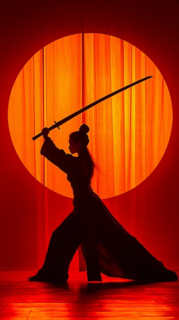 Here's a description of the image:

The silhouette of a woman, clad in a flowing robe, dominates the image. She wields a katana, her pose suggesting both power and grace.  The backdrop is a large, circular orange light emanating from behind sheer, vertically lined curtains, creating a dramatic halo effect around the figure. The overall mood is intensely dramatic and evocative of a warrior or samurai. The red lighting enhances the silhouette and contributes to the image's mood of mystery and intensity.