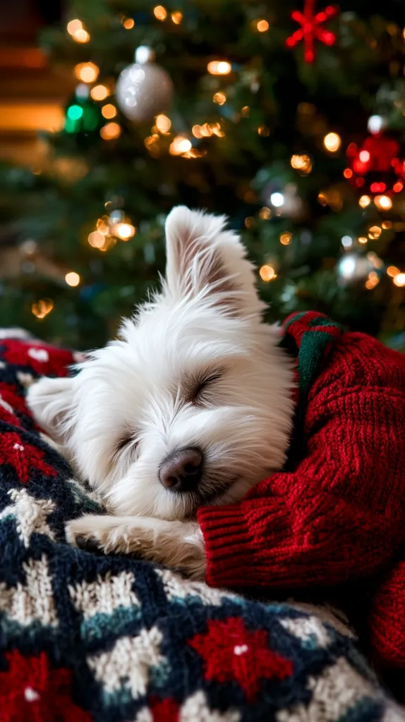 A West Highland White Terrier puppy, wearing a festive red sweater, sleeps soundly nestled in a cozy, patterned blanket.  The background is softly blurred, showcasing a Christmas tree twinkling with warm lights and colorful ornaments. The scene evokes feelings of warmth, comfort, and the joy of the holiday season. The dog's peaceful slumber adds to the idyllic Christmas atmosphere.