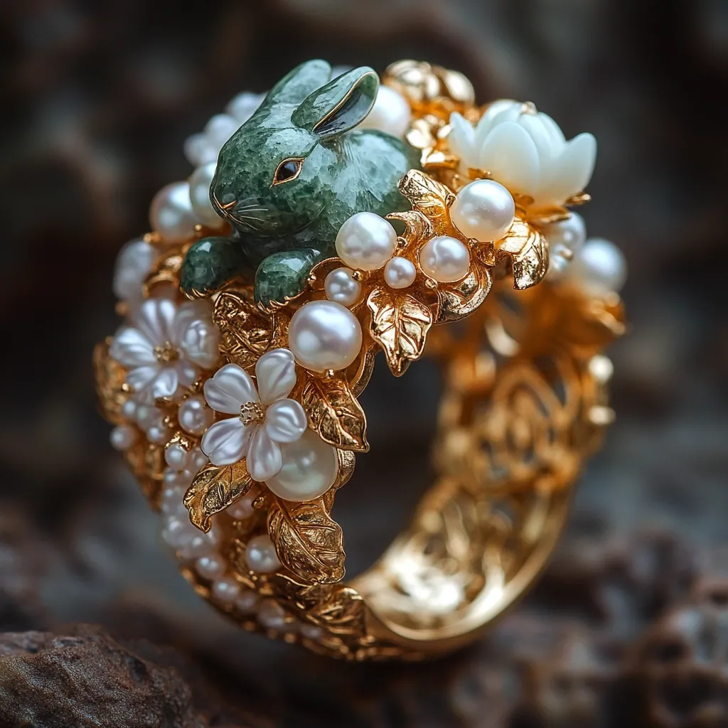 Here's a description of the image:

Close-up view of an ornate gold ring adorned with a jade rabbit nestled amongst pearl flowers and leaves. The rabbit is intricately carved from a dark green jade, its eyes sparkling.  The gold setting is filigree, delicate, and features sculpted leaves and blossoms.  Numerous lustrous pearls of varying sizes are incorporated throughout the design, adding to the ring's opulence. The background is blurred, suggesting a dark, textured surface, possibly wood or stone, which contrasts beautifully with the bright, gleaming ring. The overall impression is one of exquisite craftsmanship and luxurious detail.