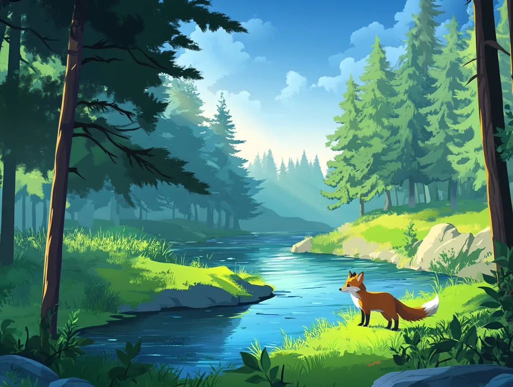 A tranquil forest scene unfolds, featuring a calm river meandering through a lush green landscape.  Tall evergreen trees line the riverbanks, their shadows dappling the sunlit grass.  A lone fox stands attentively by the water's edge, its fur a vibrant orange against the greenery.  The overall style is illustrative, with a peaceful and idyllic mood. The sky is a clear, bright blue with fluffy white clouds.