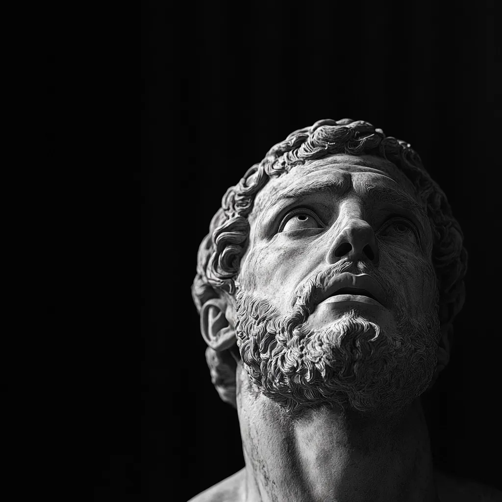 A black and white close-up shot features a detailed marble bust of a bearded man, his gaze directed upward.  The sculpture's texture is strikingly realistic, highlighting the individual curls of his hair and the chiseled lines of his face and beard.  The dark background accentuates the light playing on the statue's surface, creating a dramatic and somber mood. The man’s expression is one of contemplation or supplication.