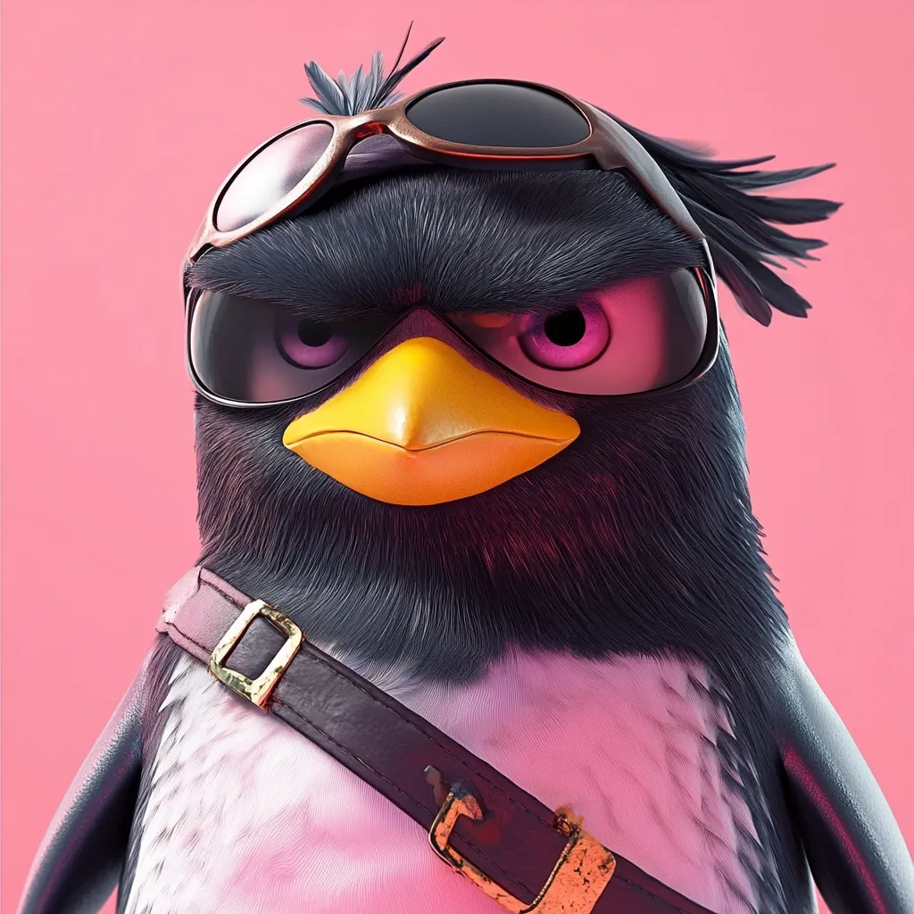 Here's a description of the image:

Close-up view of a stylized 3D-rendered penguin. The penguin is predominantly dark gray or black with a fluffy texture, and it has a bright yellow beak and pink underbelly.  It sports aviator-style goggles and a brown leather strap across its chest, giving it a tough, adventurous look. Its eyes are narrowed, suggesting a grumpy or serious expression. The background is a solid, bright pink. The overall style is cartoonish but with a high level of detail in the rendering.