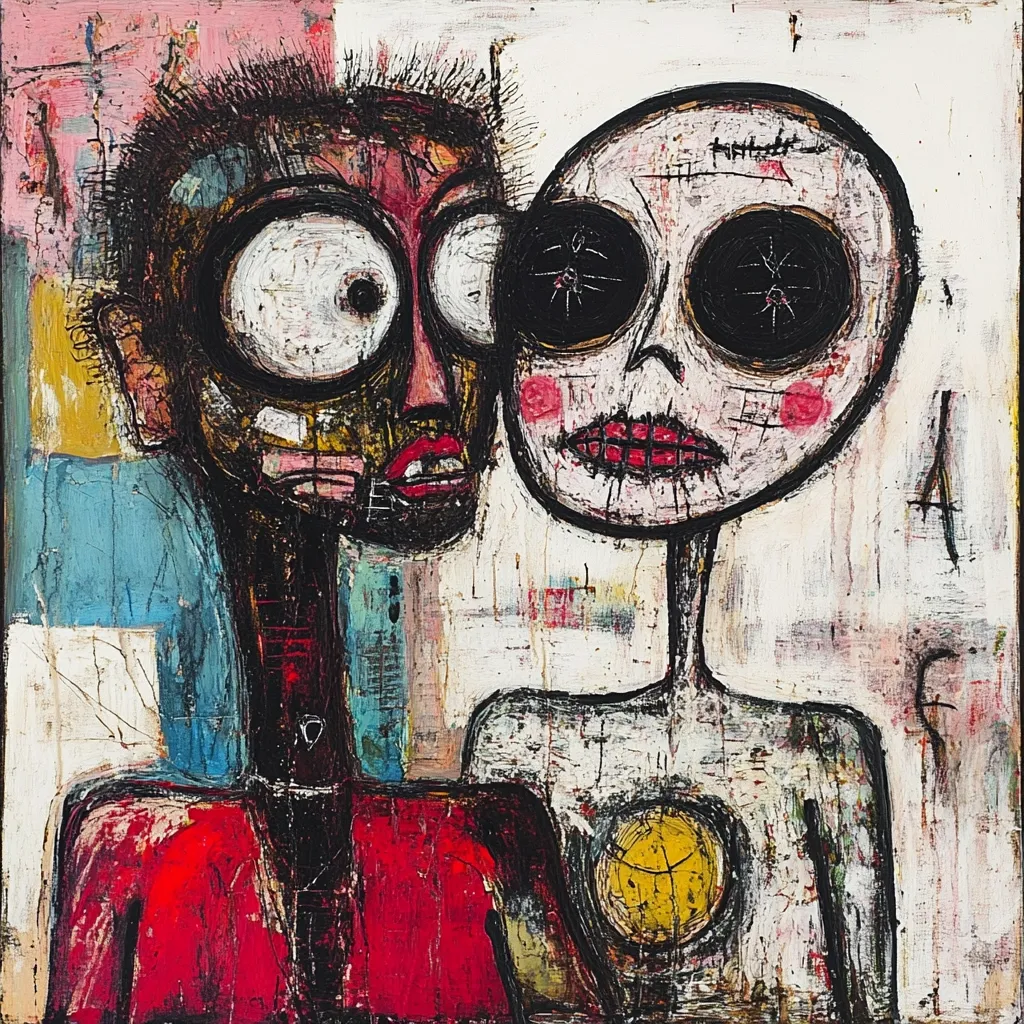 Here's a description of the image:

The painting is an expressive, possibly abstract portrait of two figures, seemingly close together.  One figure is rendered with exaggerated features – large, wide eyes, and a dark, almost mask-like face, wearing a red garment. The other figure is pale, skull-like with dark eye sockets and rosy cheeks,  Its chest contains a circular, yellow shape. The style is raw and energetic, using a vibrant palette of reds, yellows, blues, and whites, applied thickly with visible brushstrokes and textural layering. The background consists of an abstract blend of colors and markings, complementing the figures' intense emotional presence. The overall mood is intense, suggestive, and perhaps slightly unsettling.