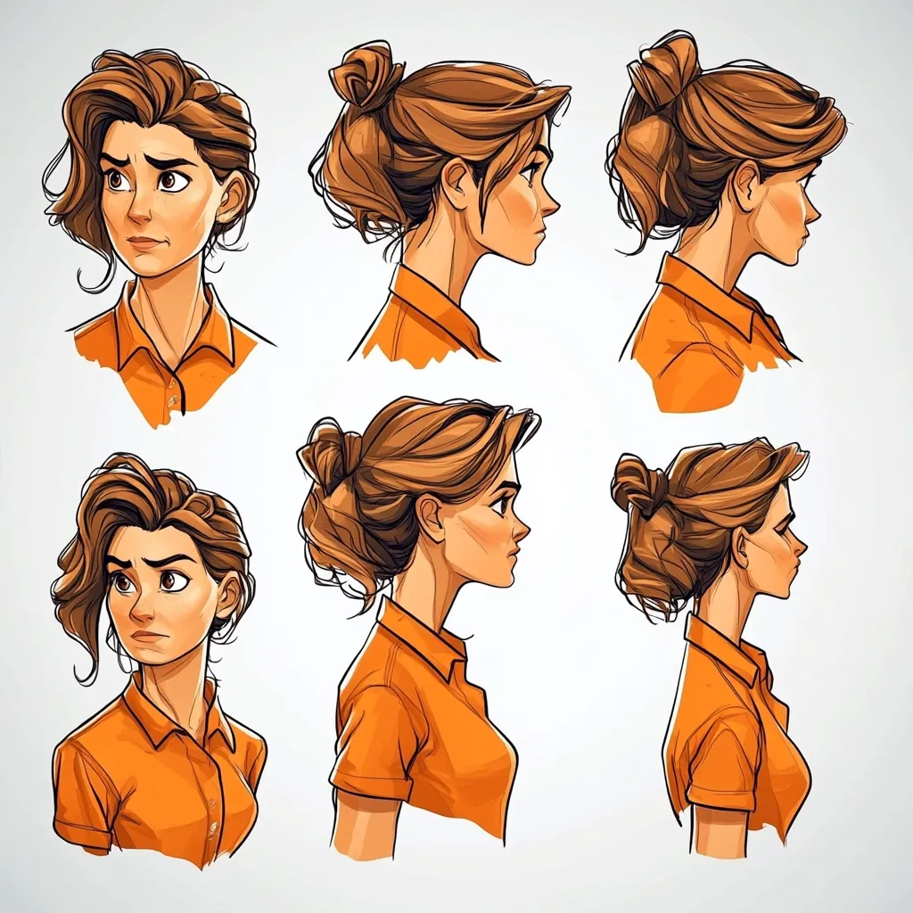 This image shows six stylized illustrations of a young woman with shoulder-length brown hair, styled in various updos and loose variations.  She's depicted in a simple, loose orange collared shirt. Three views showcase her face from the front, while the remaining three offer profile views from the right side. The style is cartoonish, with a focus on expressive eyes and clean lines. The consistent clothing and hair color unify the illustrations, highlighting different expressions and hair arrangements.