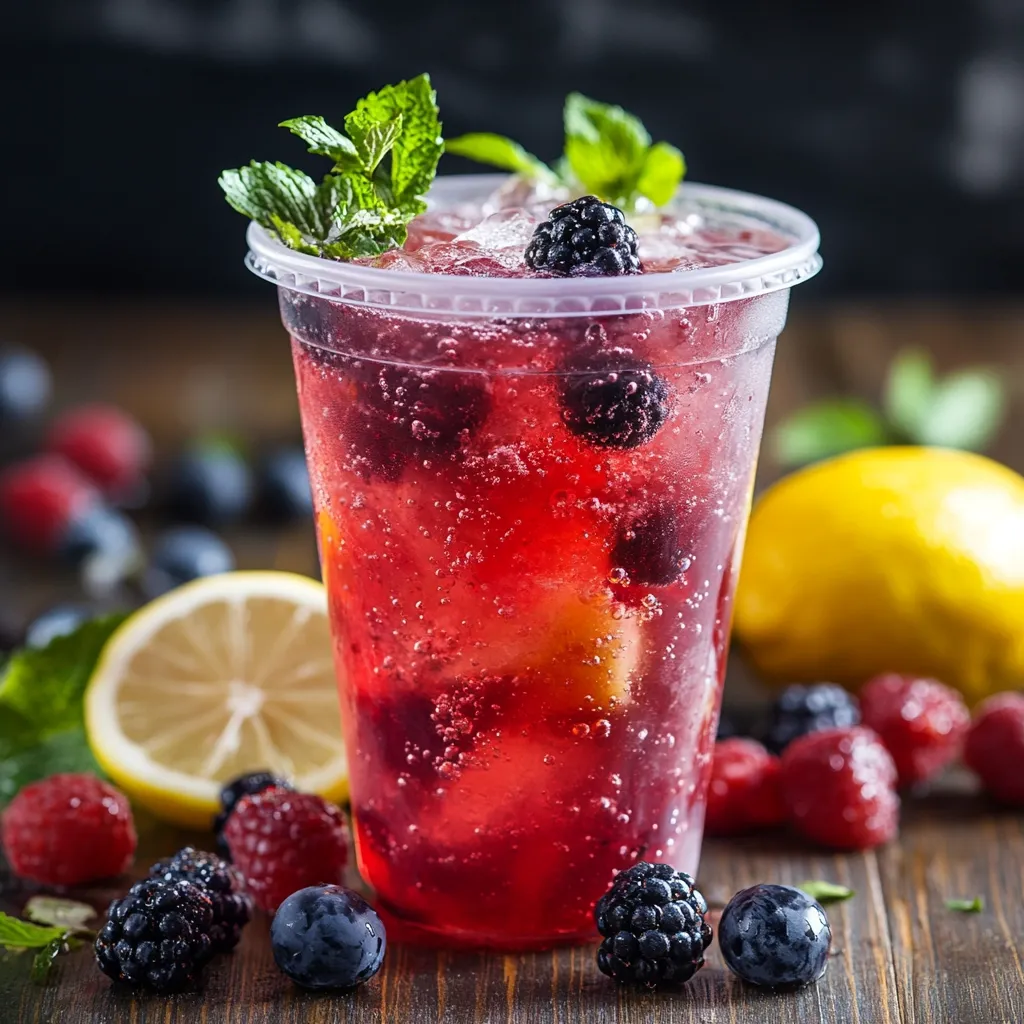 A refreshing berry lemonade is the focus of this close-up shot.  The drink, served in a clear plastic cup, is filled with ice, various berries (raspberries, blackberries, blueberries), and garnished with fresh mint.  Slices of lemon are visible both in and around the drink, suggesting a zesty flavor profile.  The scene is set on a dark wooden surface, surrounded by additional berries and lemon wedges. The overall image is vibrant and appetizing.