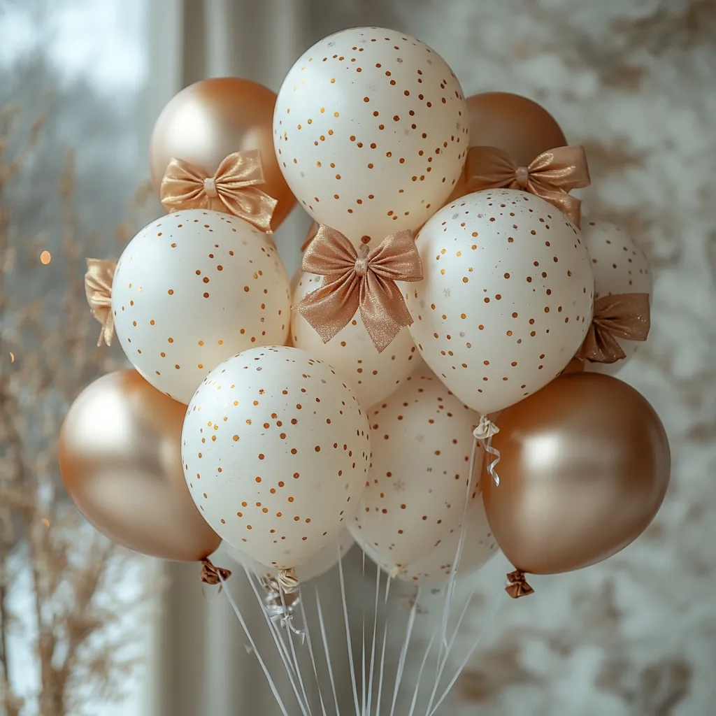Here's a description of the image:

A cluster of balloons, predominantly off-white with gold polka dots, is arranged in a bouquet.  Several solid gold balloons are interspersed, creating a sophisticated color palette. Each off-white balloon is adorned with a small, elegant gold bow. The balloons appear to be inflated to a similar size, creating a visually appealing and uniform bunch. The background is blurred but shows a light, neutral-toned wall, suggesting an indoor setting. The overall aesthetic is elegant and celebratory, possibly for a wedding or anniversary.