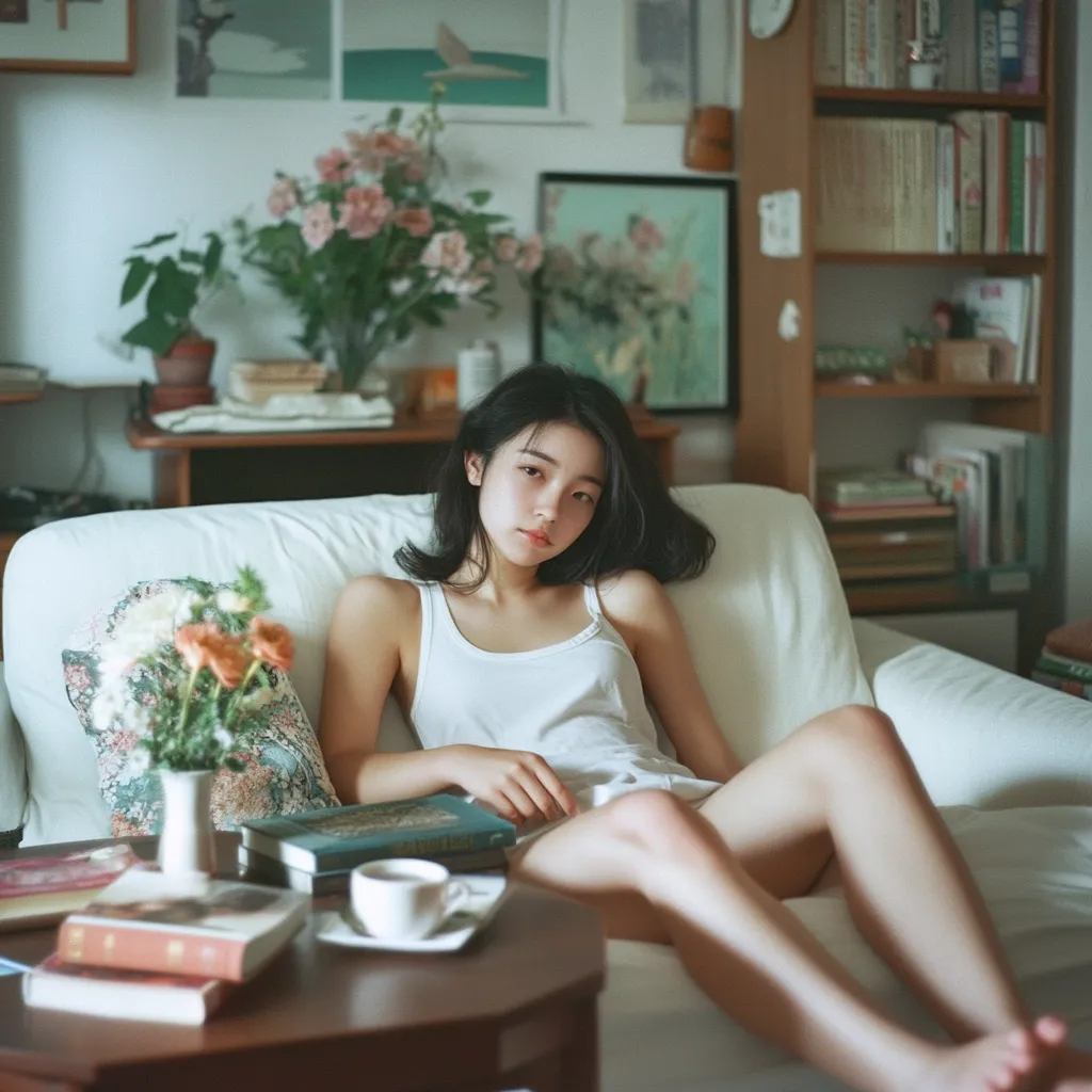 A young woman with dark hair rests on a white couch in a cozy living room.  She wears a simple white tank top and her legs are extended.  Books and a small bouquet of flowers are on a coffee table beside her.  The room is softly lit and decorated with artwork and bookshelves filled with books.  The overall atmosphere is calm and serene.