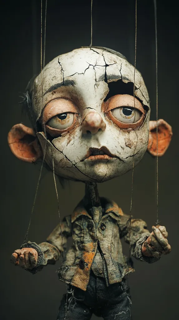 Here's a description of the image:

The image shows a detailed close-up of a marionette, crafted with a distressed, almost decaying aesthetic.  Its face is cracked and weathered, giving it a mournful expression. The marionette's clothing is similarly worn and textured, suggesting age and possibly neglect. The strings controlling the puppet are visible, adding to the overall sense of manipulation and fragility. The dark background enhances the puppet's somber and somewhat unsettling appearance. The overall style is darkly artistic and evocative.