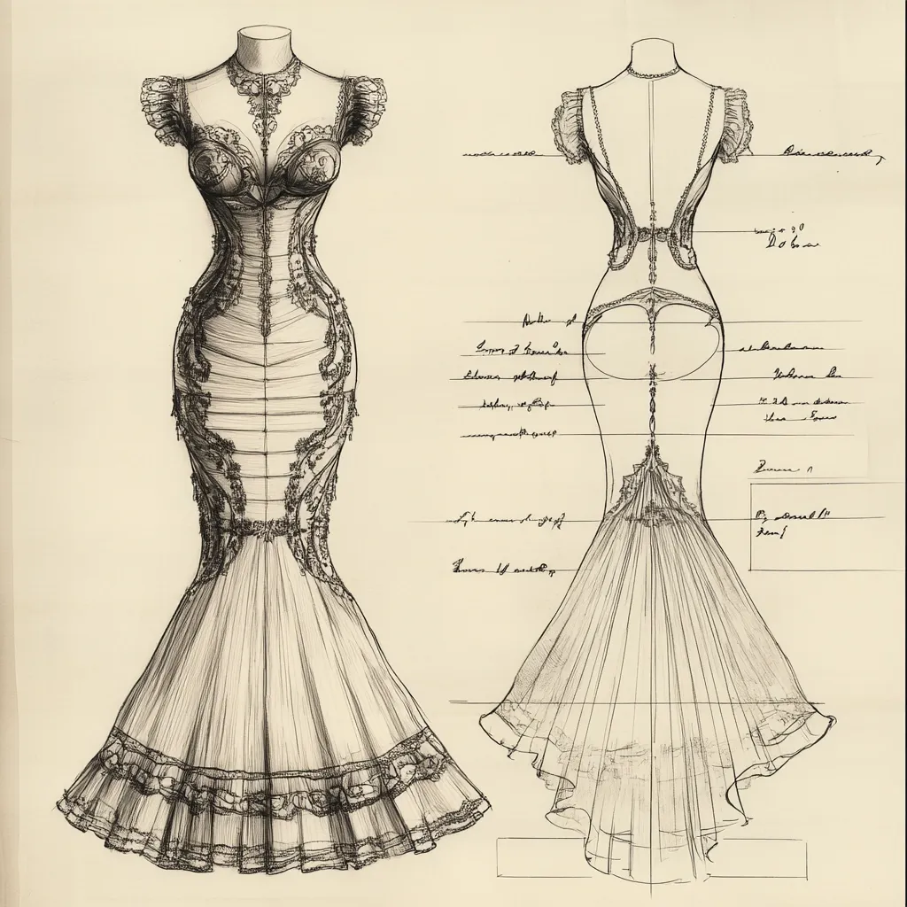 Here's a description of the image:

The image shows a detailed, hand-drawn fashion design for a floor-length gown.  Presented in front and back views, the sketch showcases a fitted bodice with intricate lace detailing, tapering into a flowing mermaid skirt with layered ruffles at the hem. The back view reveals a low, open back design.  Accompanying the illustration are handwritten measurements and notes in a foreign language (possibly French), suggesting a professional design or pattern. The overall style evokes a vintage or perhaps Art Deco aesthetic.