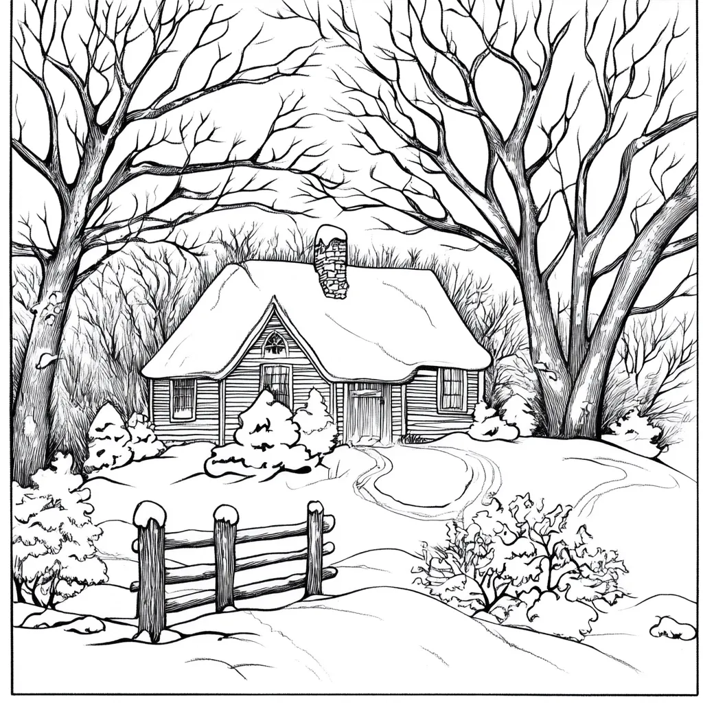 A charming black and white illustration depicts a snow-covered cottage nestled amongst leafless trees.  The cottage, with a stone chimney, is detailed with visible windows and a door.  Snowdrifts surround the house and a small wooden fence is in the foreground. Footprints mark the snowy ground, adding a sense of quiet activity. The overall style is reminiscent of a classic winter scene, peaceful and serene.
