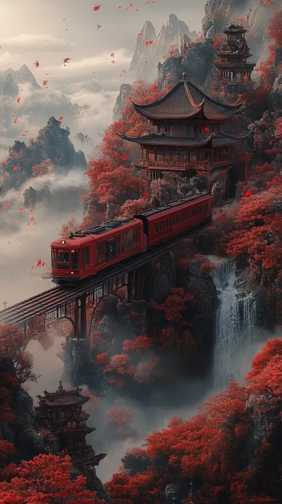 A red train chugs across a high bridge nestled in a misty mountain landscape.  Crimson autumn leaves blanket the steep, rocky slopes, cascading down to a waterfall.  Traditional East Asian pagodas perch precariously on the cliffs, adding to the scene's mystical, almost surreal quality.  Falling leaves drift in the soft light, enhancing the atmospheric perspective and dreamlike feel. The overall image evokes a sense of tranquility and otherworldly beauty.