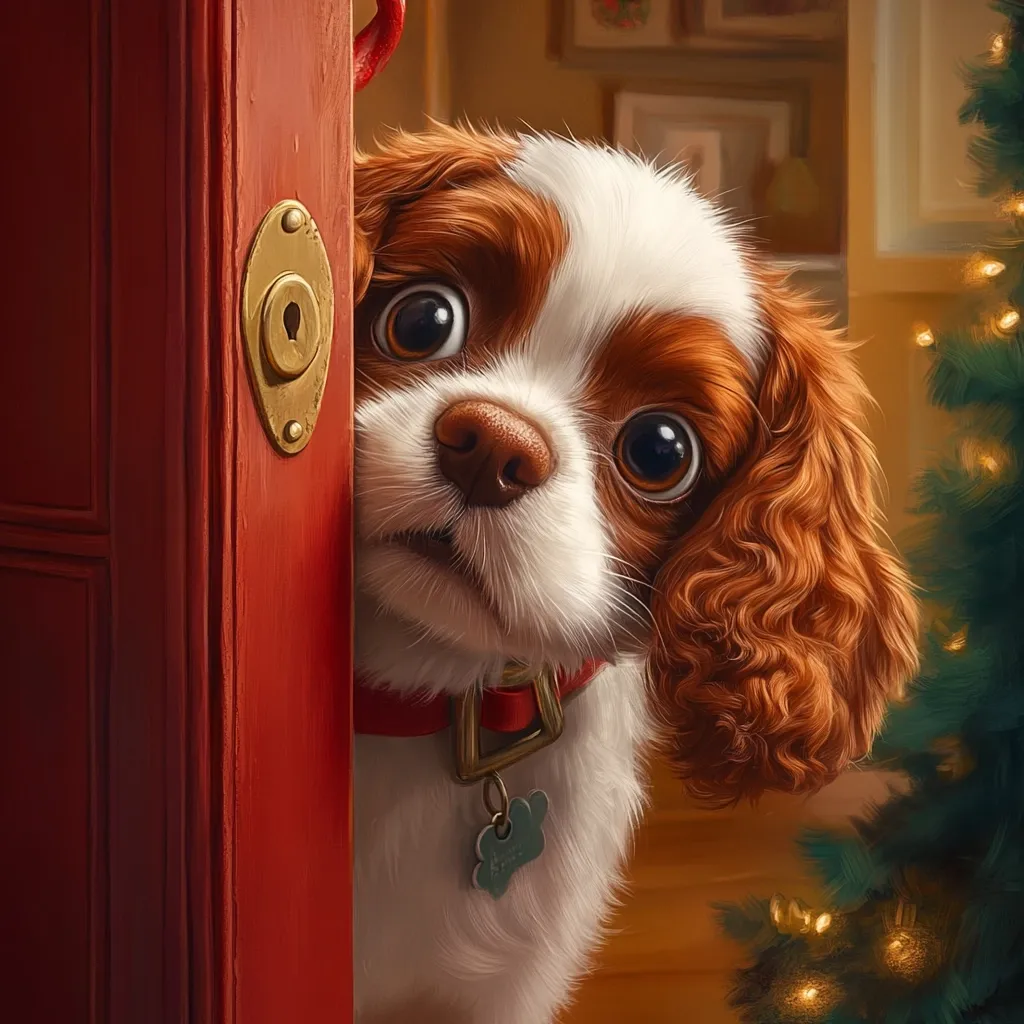 Here is a description of the image:

A charming digital painting showcases a Cavalier King Charles Spaniel puppy peeking inquisitively from behind a red door.  Its large, expressive eyes and fluffy, auburn ears are prominent features. The puppy wears a red collar with a paw-shaped tag. A softly lit Christmas tree is visible in the background, suggesting a festive setting. The overall style is realistic, with a focus on the puppy's endearing expression.  The scene evokes a sense of warmth and anticipation.
