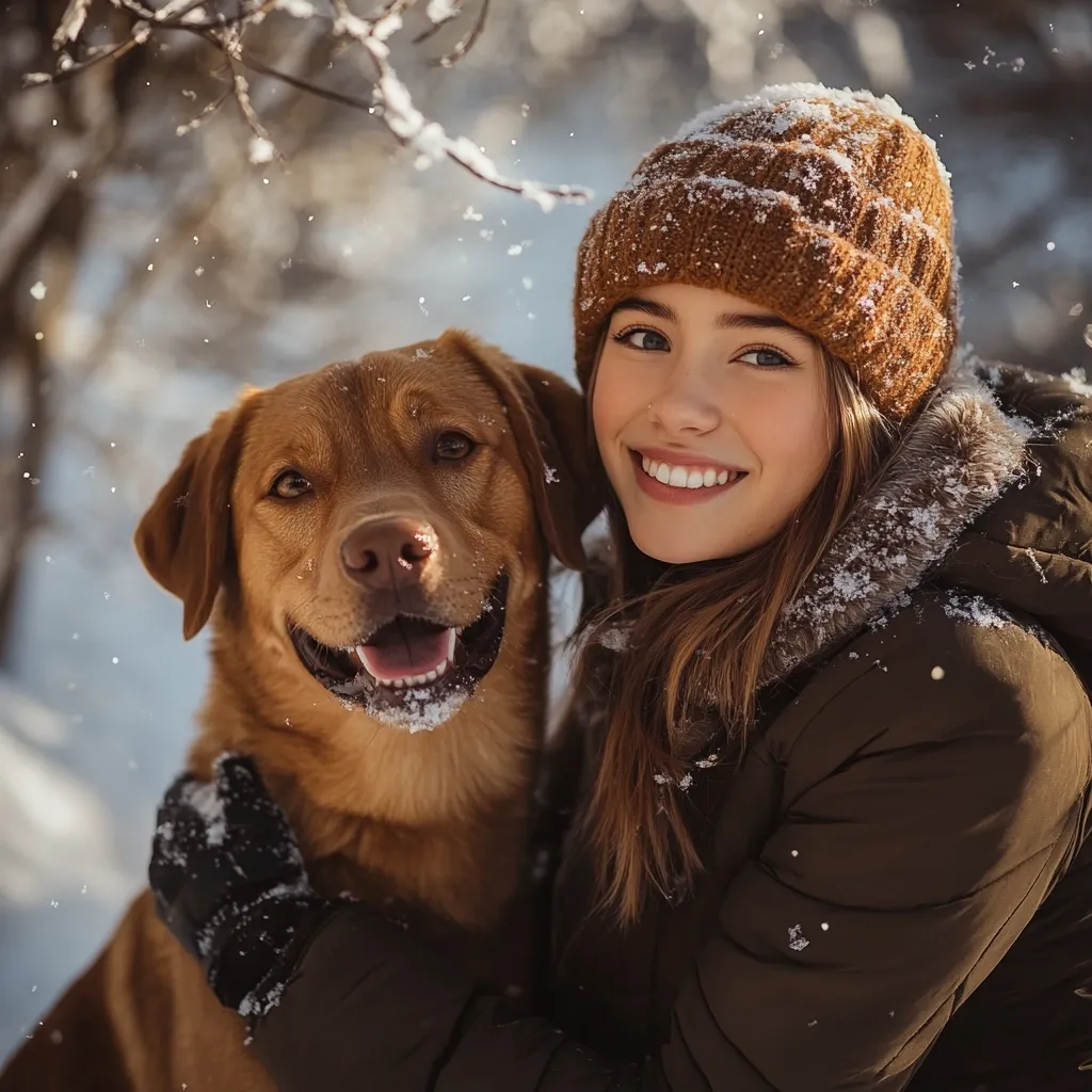 Here's a description of the image:

A young woman with long brown hair, wearing a brown knit beanie and olive-green winter coat, embraces a golden-red Labrador Retriever.  Snowflakes gently fall around them, dusting the woman's hat and coat, and clinging to the dog's fur.  The woman's smile is bright and cheerful, reflecting a warm connection with her canine companion. The background is softly blurred, showing a wintry landscape of trees and snow. The overall mood is cozy and inviting, evoking feelings of warmth and winter joy.