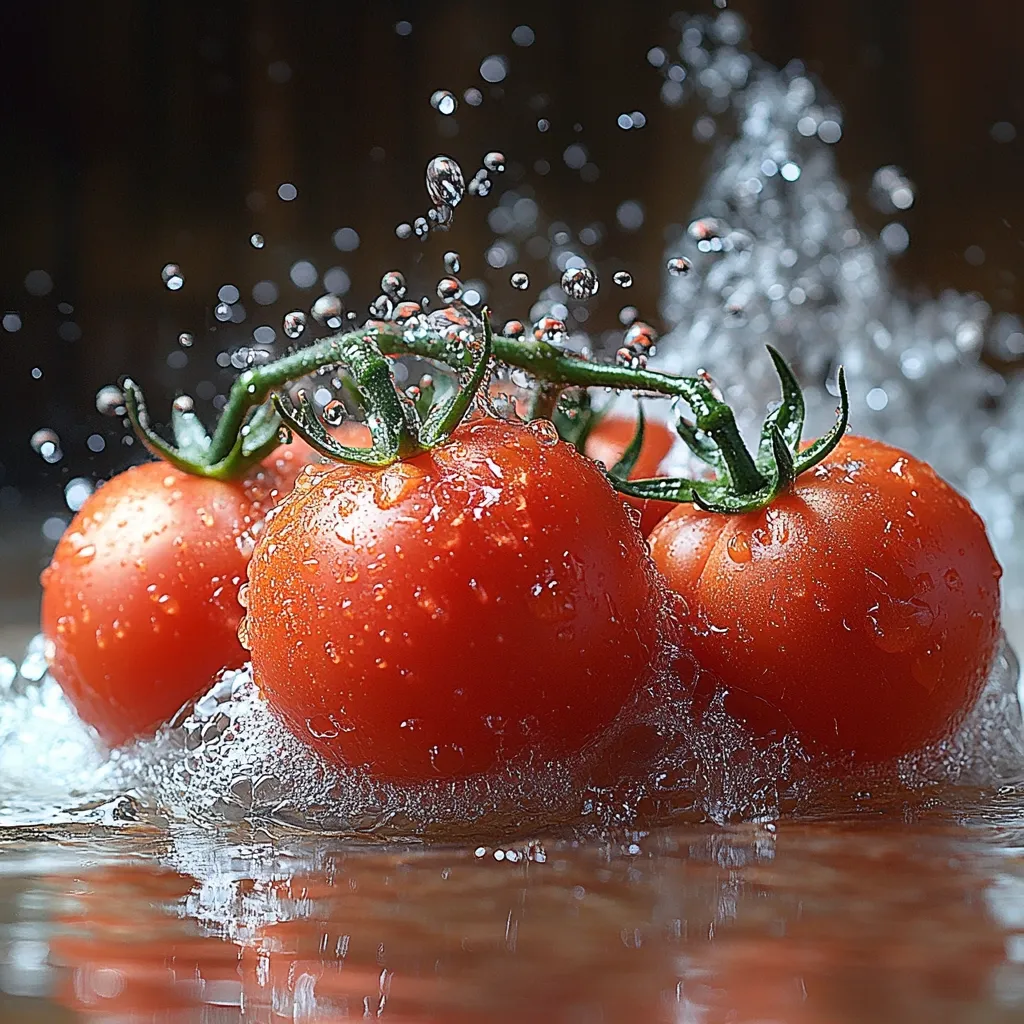 A cluster of ripe, red tomatoes, still attached to their vine, splashes into a pool of water.  Water droplets cling to their glossy skins.  The vibrant red of the tomatoes contrasts beautifully with the dark background, emphasizing their freshness. The image captures the moment of impact, with water exploding outwards in a dynamic display. The overall effect is one of lively freshness and juicy abundance.