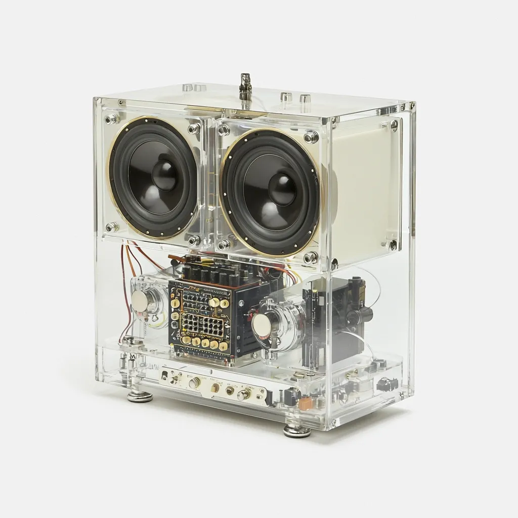 This is a photograph of a transparent acrylic stereo speaker system.  The internal components, including the circuit board, wiring, and speaker drivers, are clearly visible through the casing.  Two speakers are mounted on the top, while the amplifier circuitry is housed in the lower section.  The device has a minimalist aesthetic, showcasing its inner workings. The clear design allows for a complete view of the technology within.