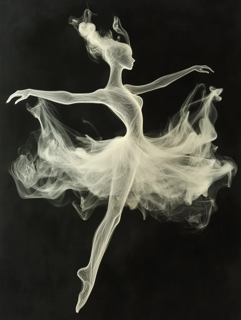 The image showcases a ballerina rendered in a wispy, ethereal style.  She appears as a delicate form of smoke or vapor,  her body outlined with fine, almost invisible lines, against a stark black background.  Her pose suggests movement and grace, a fleeting moment captured.  The overall effect is dreamlike and ghostly, suggesting both fragility and power.  The ballerina's flowing dress further enhances the ethereal, smoky quality.