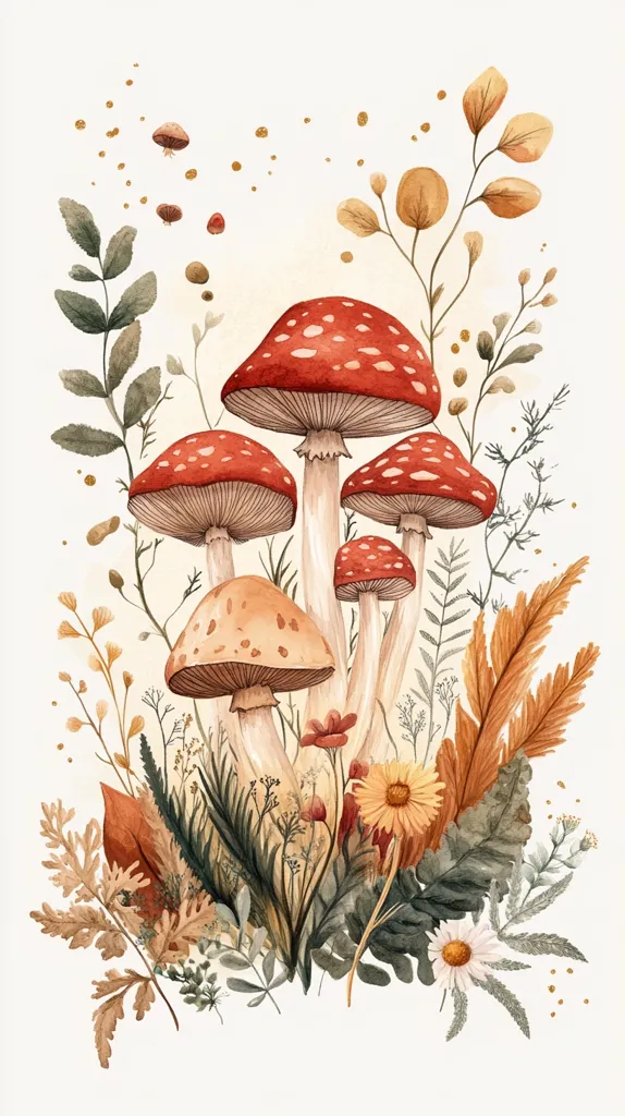 A watercolor painting depicts a cluster of red and tan mushrooms nestled amongst autumnal foliage.  The mushrooms, varying in size, have vibrant red caps with white spots and creamy stems.  Surrounding them are delicate, muted-toned leaves, grasses, and small wildflowers, creating a whimsical, autumnal bouquet. Gold flecks are scattered throughout the artwork, adding a touch of magic to the scene. The style is gentle and romantic, emphasizing natural beauty and the transition into fall.