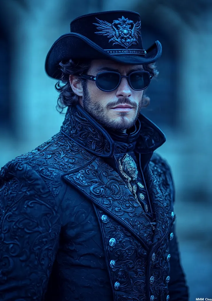 A man with dark, wavy hair wears a richly detailed, dark blue, ornate frock coat.  The coat features intricate embroidery. He sports a black cowboy hat adorned with metallic detailing and dark sunglasses. His beard is neatly trimmed. The overall aesthetic is dark, romantic, and reminiscent of a gothic or Victorian style. The background is a blurred, cool-toned blue.