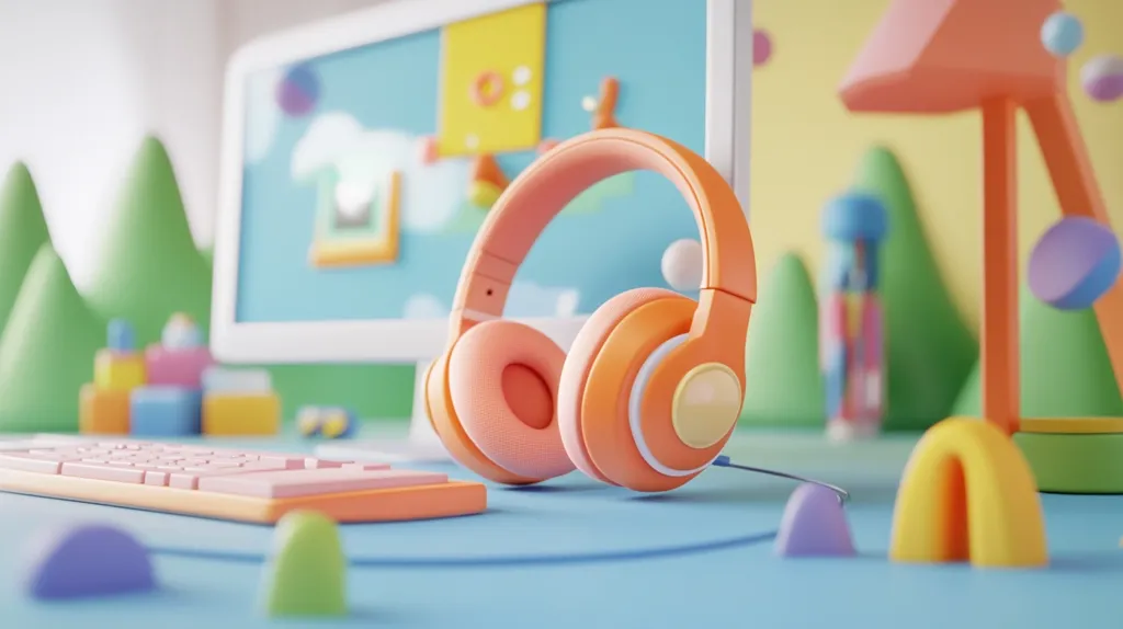 A pair of vibrant orange headphones rests on a pastel-colored desk, next to a pink keyboard.  A computer screen displaying a colorful, playful design is in the background, surrounded by cartoonish, three-dimensional objects like trees, blocks, and a whimsical playground structure. The overall aesthetic is cheerful and childlike, suggestive of a playful learning environment or a child's workspace. The image is rendered in a 3D style with a soft focus.