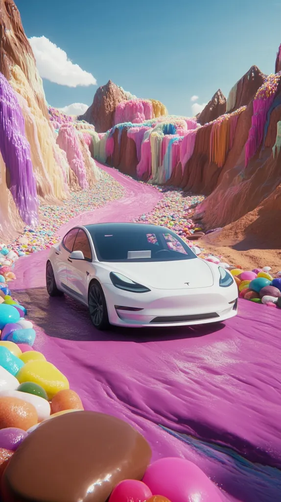 A white Tesla Model 3 drives down a whimsical, candy-colored landscape.  The path is a vibrant purple substance, bordered by pastel-hued hills that resemble melting ice cream or candy.  Multicolored, candy-like rocks and giant sweets line the route, creating a surreal and playful scene under a bright, sunny sky.  The contrast between the sleek, modern car and the fantastical setting is striking.