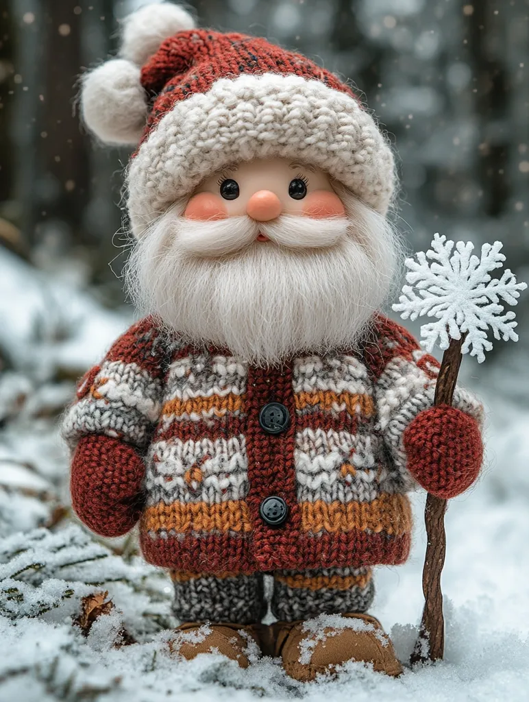 Here's a description of the image:

A charming hand-knitted Santa Claus doll stands in a snowy winter scene. He wears a red and cream patterned sweater, brown mittens and boots, and a fluffy white beard. His knitted hat is adorned with pom-poms.  He holds a twig with a decorative snowflake attached. The background is blurred, showing a winter forest with falling snow. The doll's expression is sweet and gentle, embodying the spirit of Christmas.