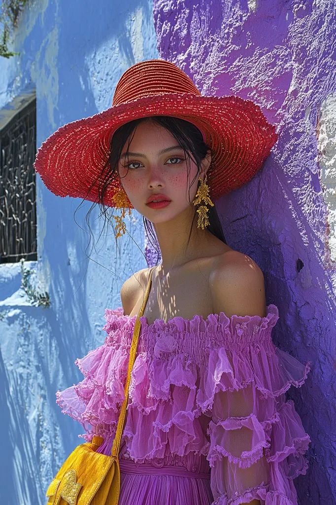A young woman with light skin and freckles poses against a vibrant blue and purple wall. She wears a large, red sun hat,  gold dangling earrings, and a ruffled, off-the-shoulder lilac dress. A mustard yellow purse hangs from her shoulder. The image is brightly lit, emphasizing the contrast between the woman's clothing and the colorful background.  Her expression is serious and slightly pensive.